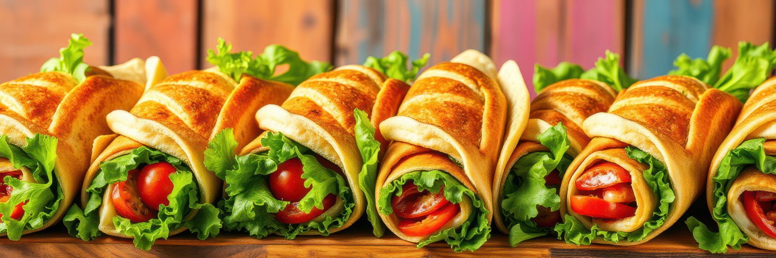Colorful wraps filled with fresh vegetables arranged on a wooden table in a vibrant setting